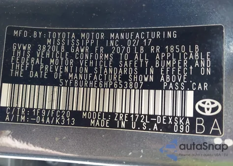 2017 Toyota Corolla Se from USA, damaged, VIN 5YFBURHE6HP653807